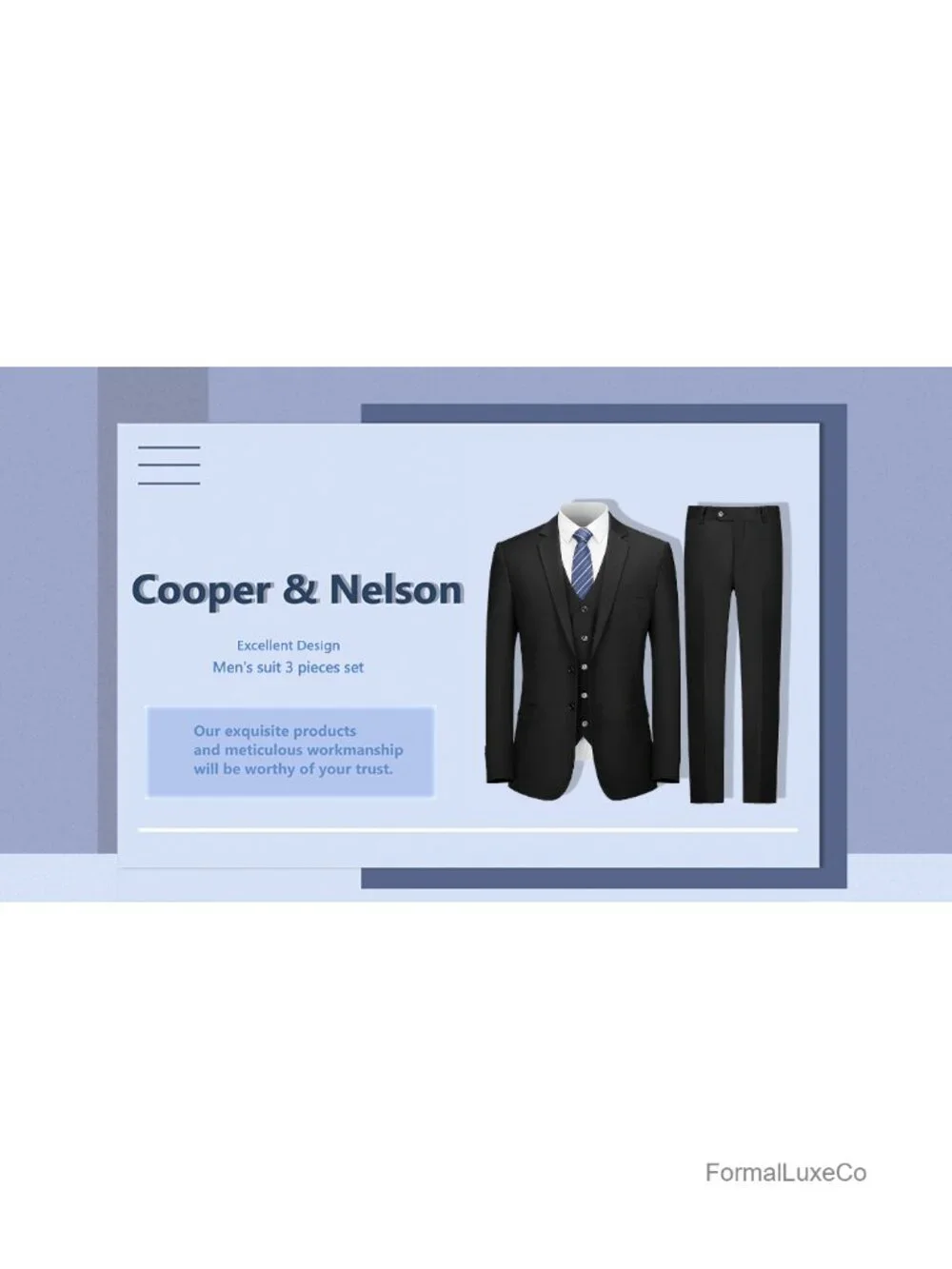 3 Piece Slim Fit Suit Set - Jacket, Vest, Pants, Tie